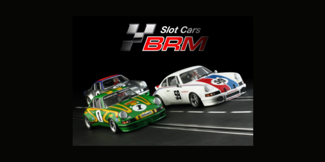Three BRM Porsche 911 slot cars inspired by Martini Racing, Brumos Daytona winner and Kremer Racing displayed on a slot racing track.
